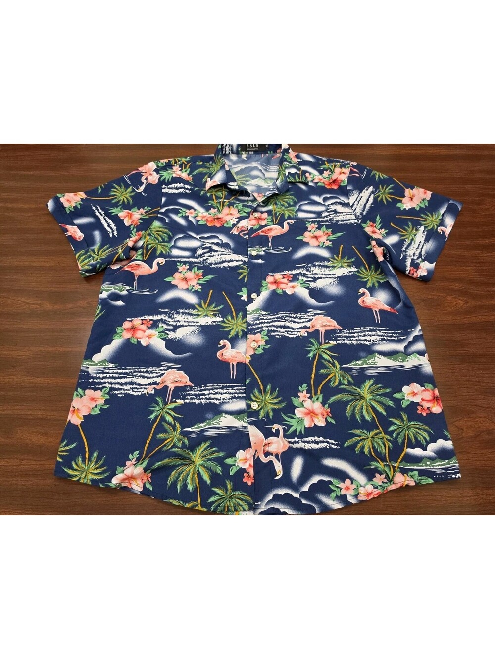 SSLR Mens Hawaiian Shirt Medium Blue Flamingo Palm Tree Aloha Short Sleeve Top